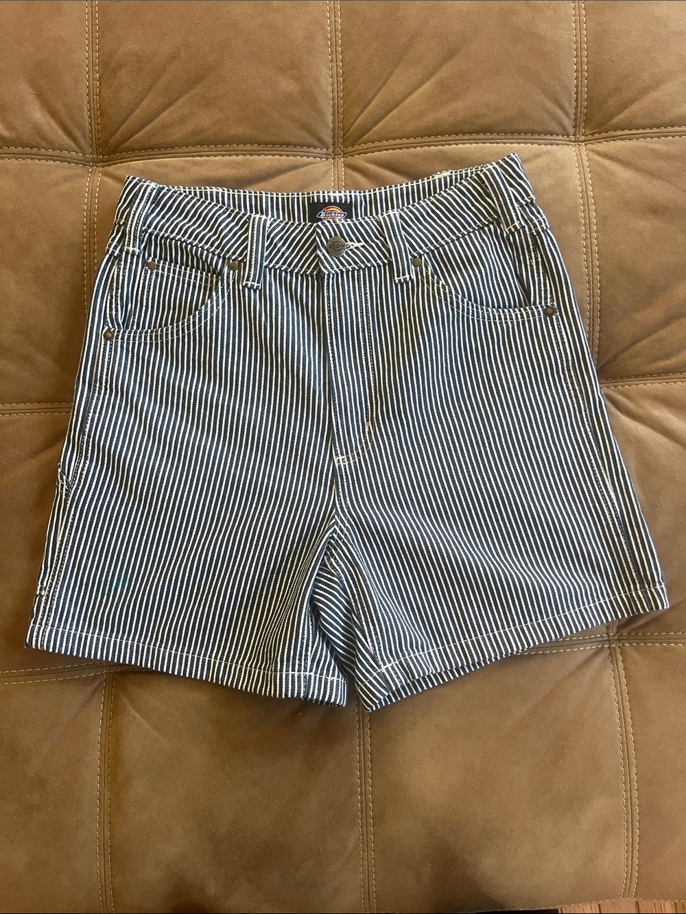 Dickies Women's Navy and White Striped High-Rise Jean Shorts